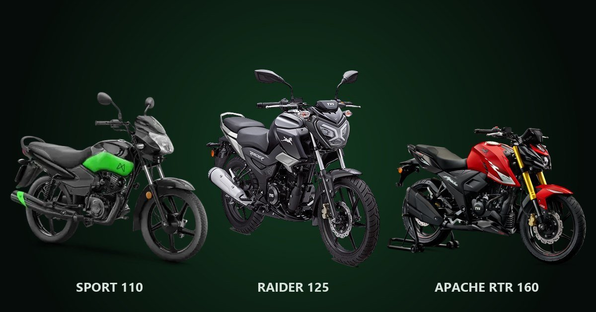 Mottu Sport 110, TVS Raider 125 e TVS Apache RTR 160 comparativo lado a lado
